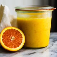 A jar full of orange curd on a marble surface beside a cut orange.