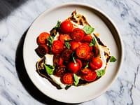 Tomatoes and ricotta on a sourdough flatbread, on a plate, on a marble surface,